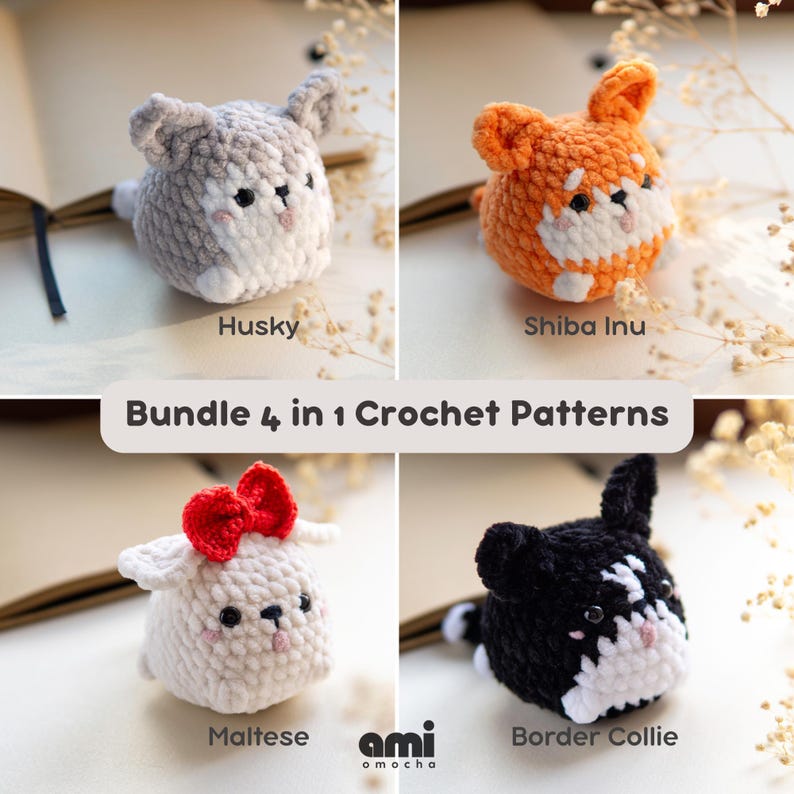 Amigurumi Dog Crochet Pattern Bundle (Husky, Shiba, Maltese, Border Collie)